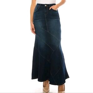 Fishtail Mermaid Skirt Casual Stretch Midi Maxi Dark Denim Blue Zip Closure